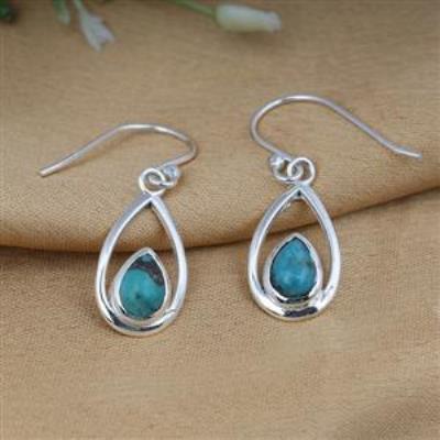 Teardrop Design Genuine Turquoise Dangling 925 Sterling Silver Earrings Fine Jewelry Supplier