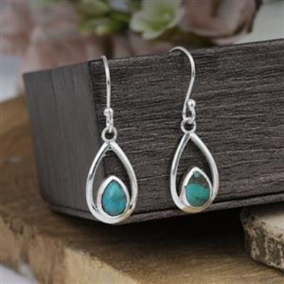 Teardrop Design Genuine Turquoise Dangling 925 Sterling Silver Earrings Fine Jewelry Supplier