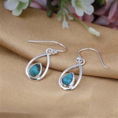 Teardrop Design Genuine Turquoise Dangling 925 Sterling Silver Earrings Fine Jewelry Supplier