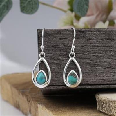 Teardrop Design Genuine Turquoise Dangling 925 Sterling Silver Earrings Fine Jewelry Supplier