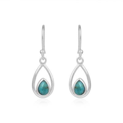 Teardrop Design Genuine Turquoise Dangling 925 Sterling Silver Earrings Fine Jewelry Supplier