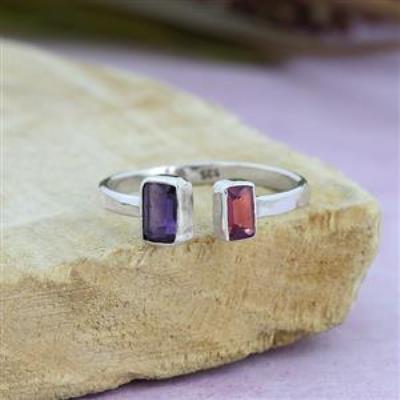 Natural Two Gemstone 925 Sterling Silver Open Shank Ring Fine Jewellery