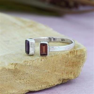 Natural Two Gemstone 925 Sterling Silver Open Shank Ring Fine Jewellery