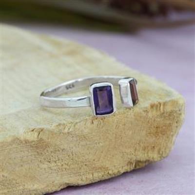 Natural Two Gemstone 925 Sterling Silver Open Shank Ring Fine Jewellery