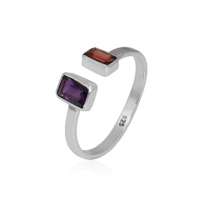 Natural Two Gemstone 925 Sterling Silver Open Shank Ring Fine Jewellery
