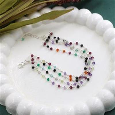 925 Sterling Silver Multi Gemstone Beads Bracelet Fine Jewelry