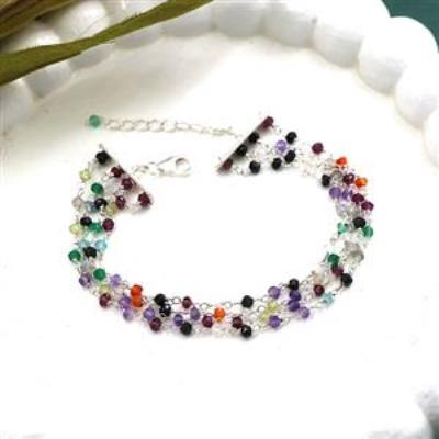 925 Sterling Silver Multi Gemstone Beads Bracelet Fine Jewelry