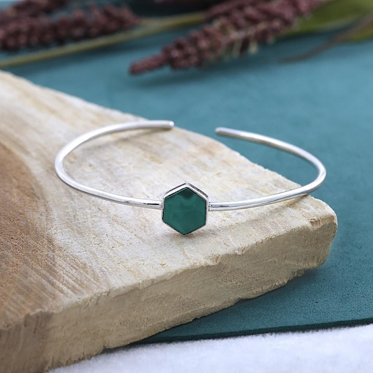 Elegant Hexagonal Green Malachite 925 Silver Boho Cuff Bangle Jewelry