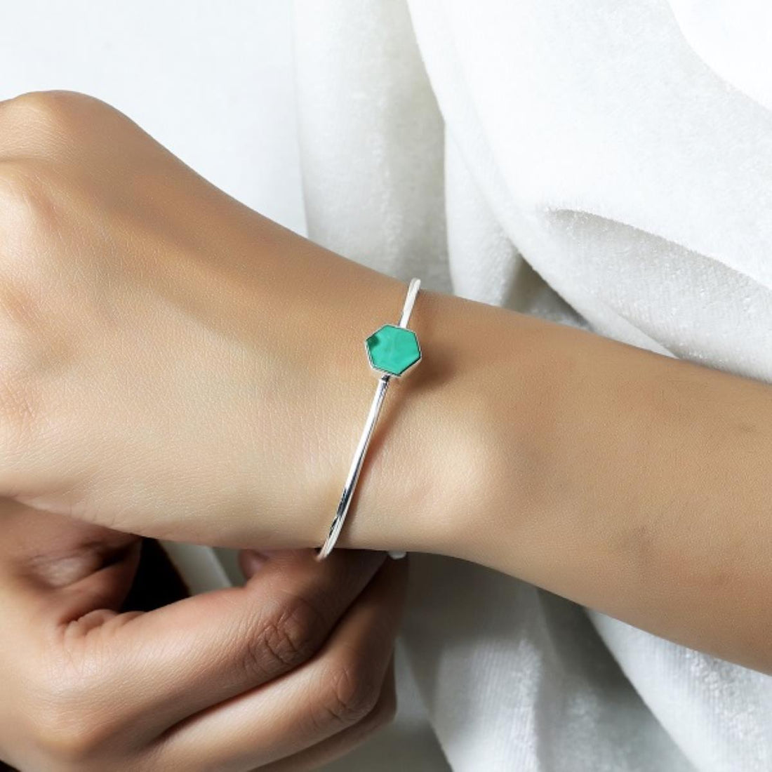 Elegant Hexagonal Green Malachite 925 Silver Boho Cuff Bangle Jewelry