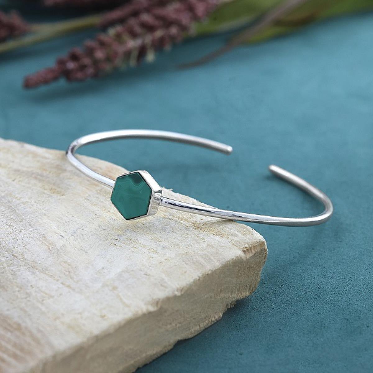 Elegant Hexagonal Green Malachite 925 Silver Boho Cuff Bangle Jewelry