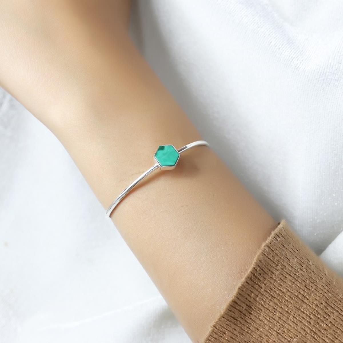 Elegant Hexagonal Green Malachite 925 Silver Boho Cuff Bangle Jewelry