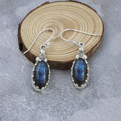 Natural Blue Flash Labradorite 925 Silver Stylish Dangle Earring