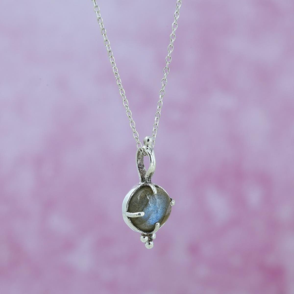 Boho Style 925 Sterling Silver Round Labradorite Dainty Pendant Jewelry