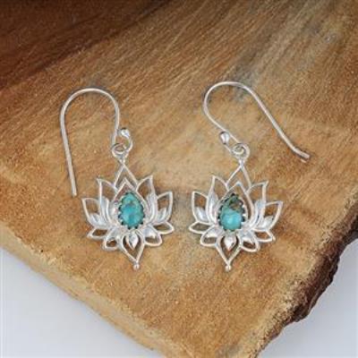 925 Sterling Silver Genuine Turquoise Gemstone Lotus Dangle Earring Fine Jewelry Wholesaler