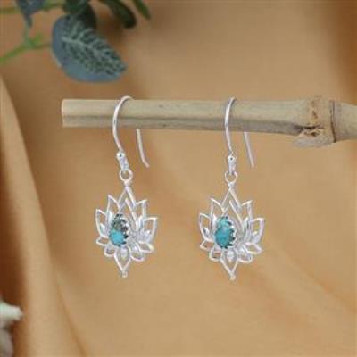 925 Sterling Silver Genuine Turquoise Gemstone Lotus Dangle Earring Fine Jewelry Wholesaler