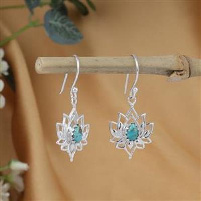 925 Sterling Silver Genuine Turquoise Gemstone Lotus Dangle Earring Fine Jewelry Wholesaler
