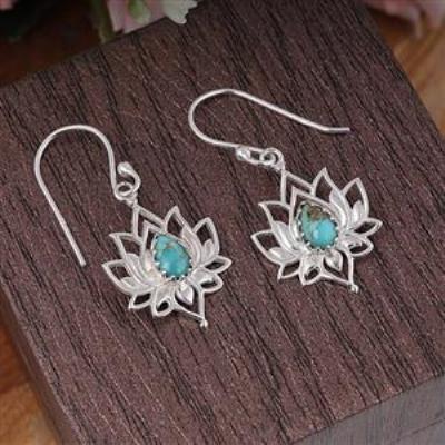 925 Sterling Silver Genuine Turquoise Gemstone Lotus Dangle Earring Fine Jewelry Wholesaler