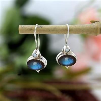 Nature Inspired Double Gemstone Artistic 925 Silver Dangle Earrings Fine