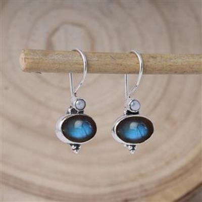 Nature Inspired Double Gemstone Artistic 925 Silver Dangle Earrings Fine
