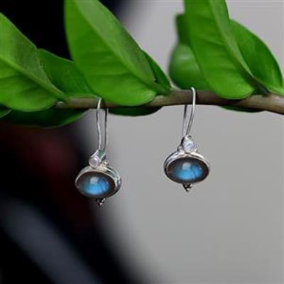 Nature Inspired Double Gemstone Artistic 925 Silver Dangle Earrings Fine
