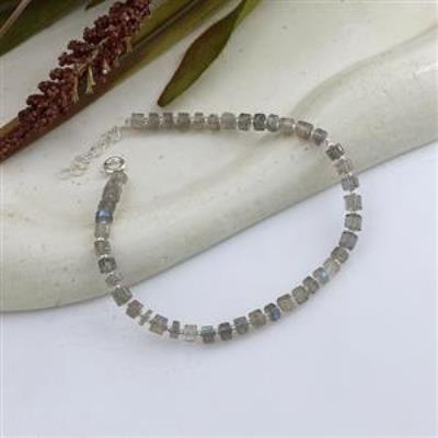 Natural Labradorite & Silver Beaded 925 Sterling Silver Bracelet