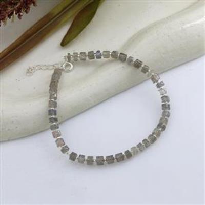 Natural Labradorite & Silver Beaded 925 Sterling Silver Bracelet