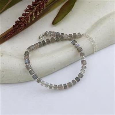 Natural Labradorite & Silver Beaded 925 Sterling Silver Bracelet
