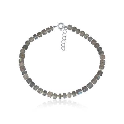 Natural Labradorite & Silver Beaded 925 Sterling Silver Bracelet