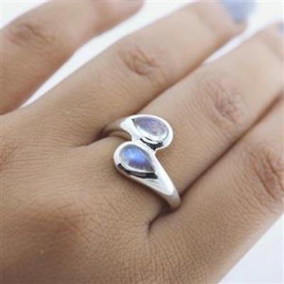 925 Sterling Silver Teardrop Artisan Crafted Nature Inspired Two Band Ring Jewellery