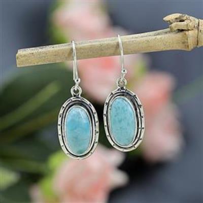925 Sterling Silver Oval Shape Larimar Handmade Dangle Earring Fine Jewelry Wholesaler