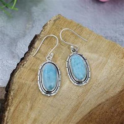 925 Sterling Silver Oval Shape Larimar Handmade Dangle Earring Fine Jewelry Wholesaler