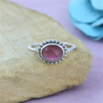 925 Sterling Silver Oval Pink Tourmaline Handmade Band Ring Jewelry