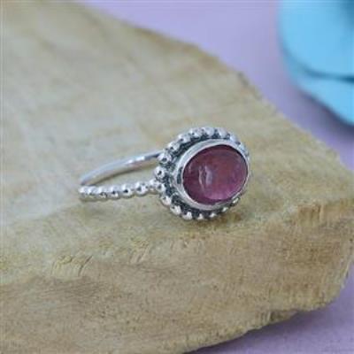 925 Sterling Silver Oval Pink Tourmaline Handmade Band Ring Jewelry