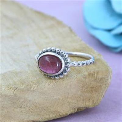 925 Sterling Silver Oval Pink Tourmaline Handmade Band Ring Jewelry