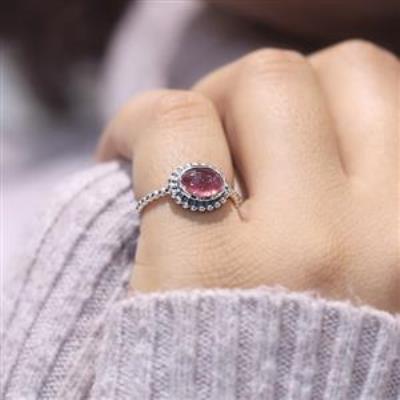 925 Sterling Silver Oval Pink Tourmaline Handmade Band Ring Jewelry