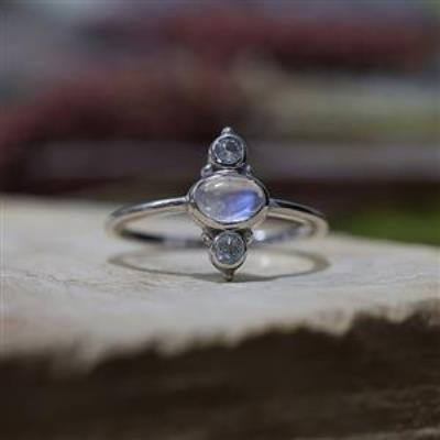 Three Gemstone Boho Bali Style 925 Silver Statement Band Ring For Teen Jewelry