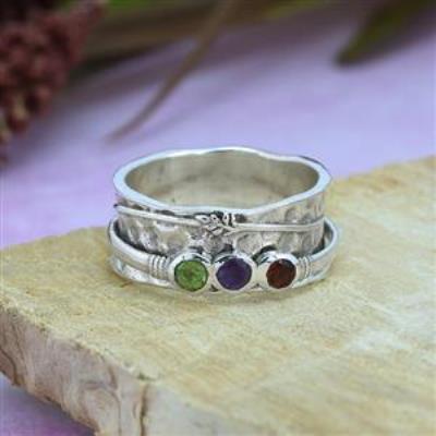 3 Stone Leaf Design 925 Sterling Silver Spinner Ring Handmade Jewelry