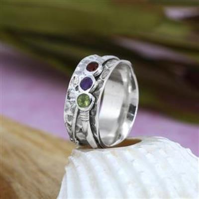 3 Stone Leaf Design 925 Sterling Silver Spinner Ring Handmade Jewelry
