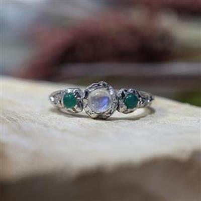 Buy 925 Sterling Silver Natural Moonstone & Green Onyx Women's Trilogy Ring Jewellery
