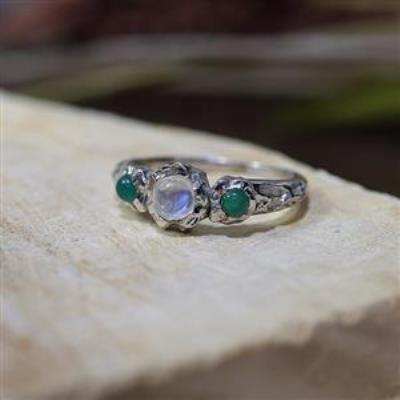Buy 925 Sterling Silver Natural Moonstone & Green Onyx Women's Trilogy Ring Jewellery