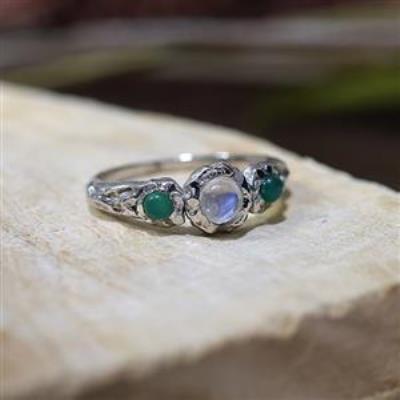 Buy 925 Sterling Silver Natural Moonstone & Green Onyx Women's Trilogy Ring Jewellery