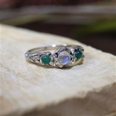 Buy 925 Sterling Silver Natural Moonstone & Green Onyx Women's Trilogy Ring Jewellery