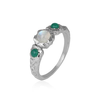 Buy 925 Sterling Silver Natural Moonstone & Green Onyx Women's Trilogy Ring Jewellery