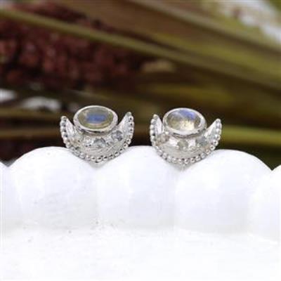 Half Moon Design Natural Labradorite 925 Sterling Silver Stud Earring
