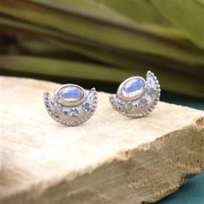 Half Moon Design Natural Labradorite 925 Sterling Silver Stud Earring