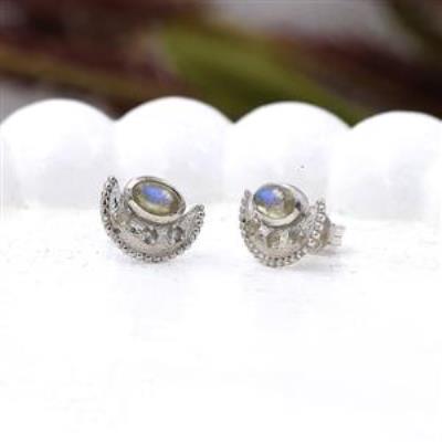 Half Moon Design Natural Labradorite 925 Sterling Silver Stud Earring