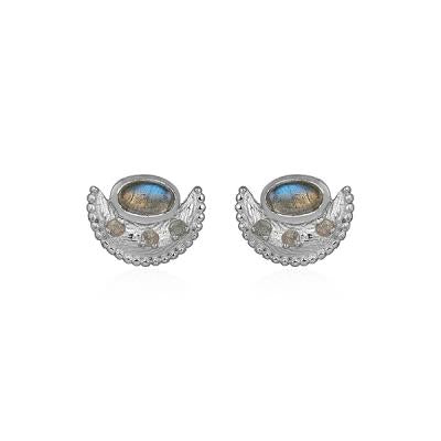 Half Moon Design Natural Labradorite 925 Sterling Silver Stud Earring