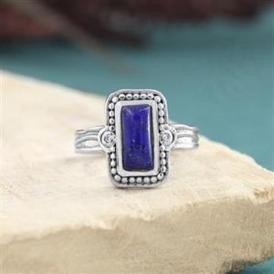925 Sterling Silver Natural Baguette Gemstone Boho Ring For Girls Fine Jewelry