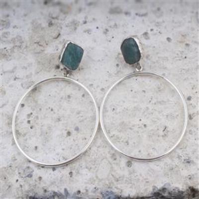 Aquamarine Rough Gemstone Sterling Silver Hoops Earring