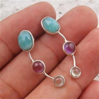 Amazonite, Amethyst, Prehnite Earclimber Stud Earring